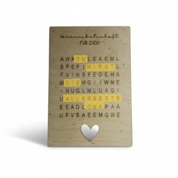 Rätselkarte aus Birkenholz mit Schriftzug „Herzensbotschaft für Dich“ zur Schwangerschaftsverkündung